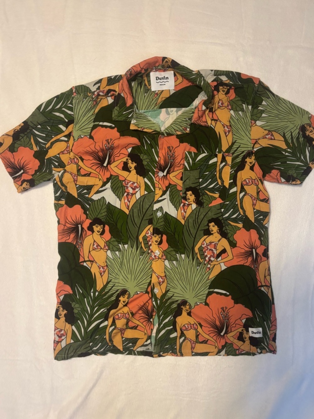 Duvin Hawaiian Floral Print Short Sleeve Shirt - Green/Coral - Picture 3 of 9